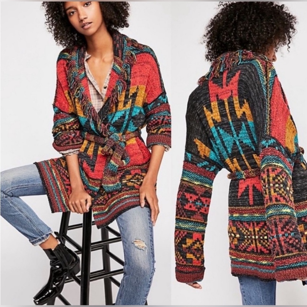 Free people Wild West southwest belted cardigan sweater Aztec xs but fits big - Picture 2 of 12